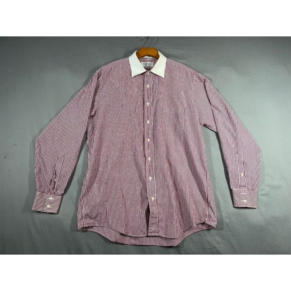 Burberrys of London Mens 17-36 Striped Dress Shirt Burgundy Contrast Collar USA